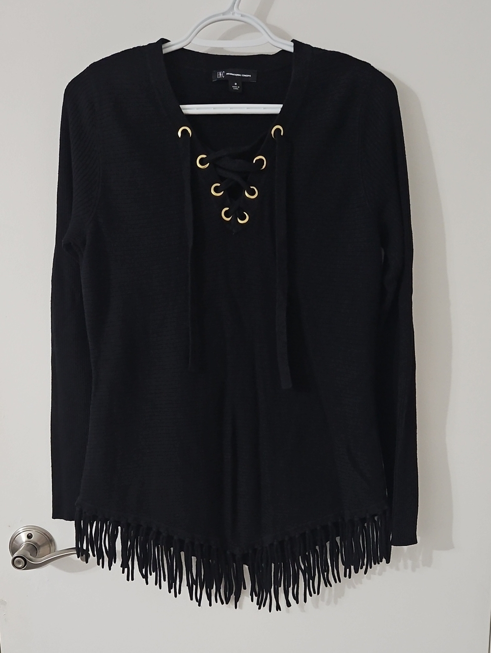 INC International Concepts Black V-Neck Lace-Up Fringe Sweater